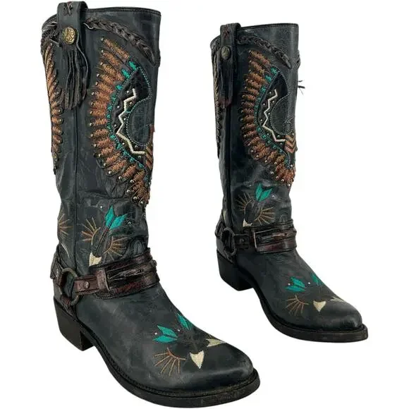 Women's Black Corral Eagle Overlay w/ Embroidery & Harness Biker Boots 10M A3616 - Picture 1 of 9